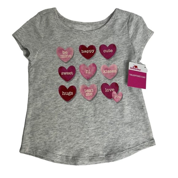 Way To Celebrate Valentine's Day T Shirt Sz 12M Conversation Hearts Grey Pink - Picture 7 of 12
